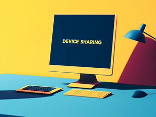 Poster - A brightly colored workspace featuring a computer monitor displaying 
