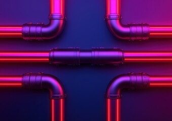 Poster - A vibrant arrangement of illuminated pipes in pink and purple hues against a dark background, creating a striking geometric pattern.