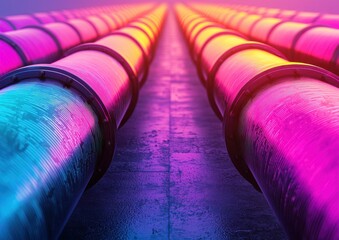 Poster - A vibrant perspective of colorful pipes extending into the distance, illuminated by an array of neon hues, creating a striking visual effect.