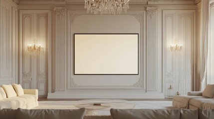 Poster - blank screen tv mockup in a grand living room, complete with a shimmering chandelier and refined, el