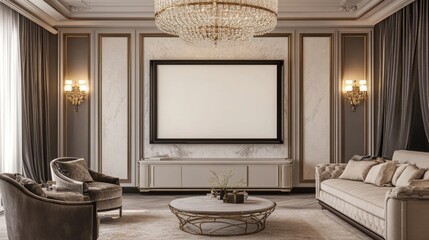 Poster - Blank screen TV mockup mounted on the wall of a luxurious living room with a grand chandelier and elegant, plush furniture