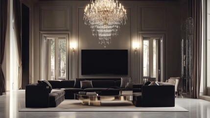 Fototapete - Blank screen TV mockup on a sleek stand in an elegant living room with a statement chandelier and high-end furnishings.