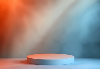 Poster - Cylindrical platform with orange and blue studio lighting.