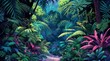 © sennauli - A lush tropical jungle with vibrant green foliage and a path leading through the dense vegetation.