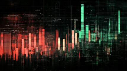 Poster - A candlestick chart with green and red bars on a dark digital grid, showcasing financial market trends with clear, sharp lines and labels