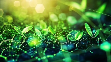 Green leafy plant with a green background. The plant is surrounded by a network of hexagons