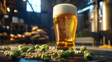 Poster - A captivating image of a beer glass filled with a refreshing IPA, with hops and barley scattered around, emphasizing the brewing process and ingredients
