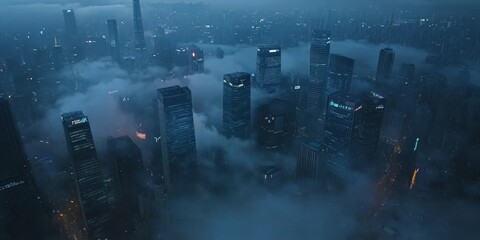 Fototapete - Aerial view of skyscrapers shrouded in fog at night.