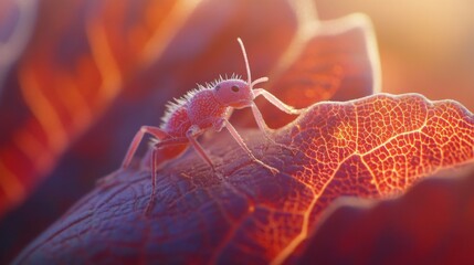 Poster - A captivating view of a leaf with intricate patterns, showcasing a tiny insect resting in the sunlight, emphasizing the beauty of detail in nature