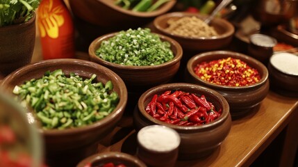 Poster - A charming setup featuring a colorful array of fresh chili peppers, dried chili flakes, and chili powder, creating a vibrant display of seasoning options