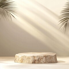 Poster - Serene Stone Product Display Minimalist Beige Background Palm Leaf Shadows