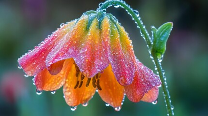Poster - A close-up of a colorful flower with dew-covered petals, captured with soft focus and a light mist in the background.