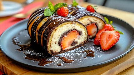 Wall Mural - Delicious chocolate flavor swiss roll orange cheesecake strawberry oat cheesecake served with black ceramic plate on wooden table isolated on a colorful background