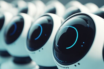 Poster - Many robotic cameras lined up in a tech showcase displaying advanced design and features