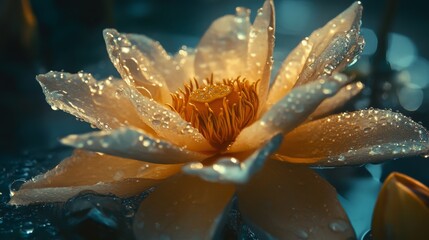 Poster - A close-up of a flower with clear water droplets gently resting on its petals, creating a serene, tranquil mood in nature.