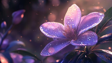Poster - A close-up of a purple flower with water droplets on its petals, illuminated by soft sunlight breaking through the leaves.