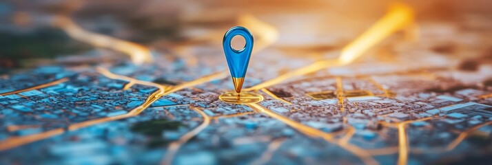 Poster - Blue location pin on a city map.