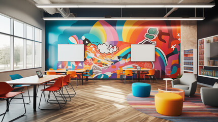 a vibrant graffiti mural in an open office enhances creativity, featuring abstract shapes, modern fu
