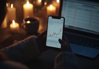 Poster - Woman analyzing stock market data on phone at night.