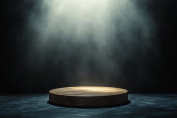 Poster - Illuminated wooden round platform on dark smoky background.