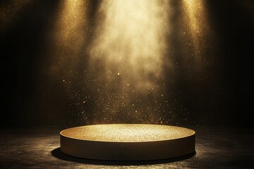 Poster - Illuminated golden platform with spotlight and dust particles on dark background.