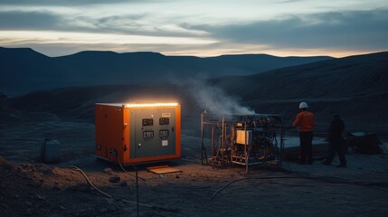Poster - portable high-voltage generator being used in a remote area, showcasing its versatility and power.