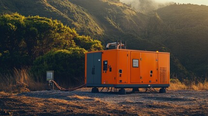 Poster - portable high-voltage generator being used in a remote area, showcasing its versatility and power.