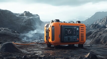 Poster - portable high-voltage generator being used in a remote area, showcasing its versatility and power.
