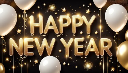 Poster - Happy New Year Greetings with White Balloon Decoration and Black Background 