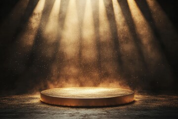 Poster - Illuminated golden podium with spotlight and dust particles.