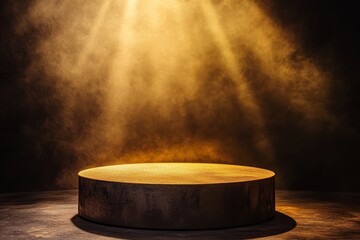 Poster - Illuminated circular platform in smoky, dark setting.