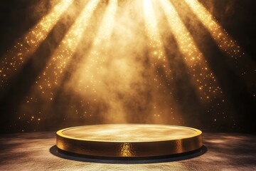 Poster - Golden podium with spotlight and smoke effect.