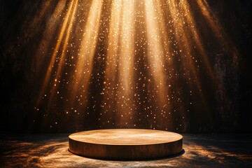 Poster - Illuminated round platform with golden light rays and sparkles on dark background.