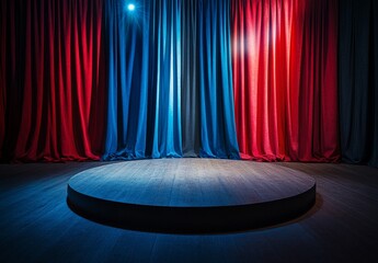 Poster - Empty round stage with red and blue curtains, spotlights.