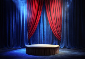 Poster - Empty round stage with red and blue curtains, spotlight.