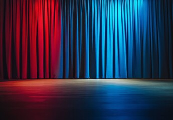 Poster - Red and blue stage curtains illuminated, wooden floor.