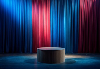 Poster - Empty wooden stage podium with red and blue curtains.