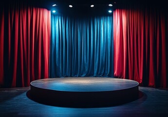 Poster - Round stage with red and blue curtains, spotlights.