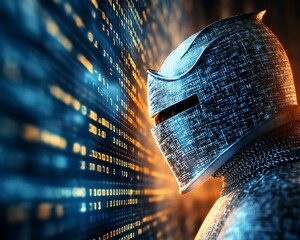 Aufkleber - Futuristic Knight Facing Digital Data Stream in Cyber World