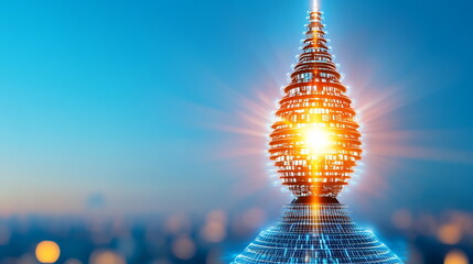 Poster - Futuristic Digital Temple Spire with Glowing Lights against Urban Skyline