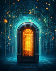 Poster - Retro jukebox with glowing lights in a futuristic digital setting