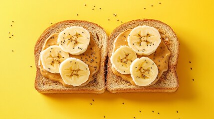 Poster - A delightful image of toast with peanut butter and banana slices, sprinkled with chia seeds, arranged on a bright background, promoting a healthy snack option