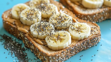 Poster - A delightful image of toast with peanut butter and banana slices, sprinkled with chia seeds, arranged on a bright background, promoting a healthy snack option