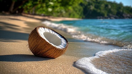 Poster - Half coconut on tropical beach.