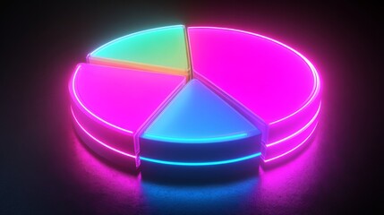 Poster - a digital-style pie chart in neon colors, with sections in pink, blue, and green, glowing against a 