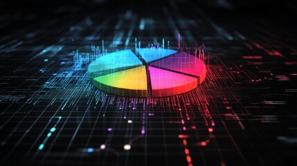 Poster - A digital pie chart with multicolored segments, glowing slightly against a dark grid background, conveying a high-tech financial data concept