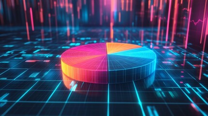 Poster - A digital pie chart with multicolored segments, glowing slightly against a dark grid background, conveying a high-tech financial data concept