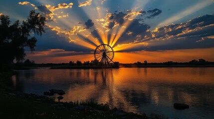 Poster - A dramatic sunset view of a silhouetted water wheel against the horizon, with golden rays illuminating the surrounding landscape, creating a captivating atmosphere