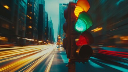 Aufkleber - A dynamic image of a traffic light with a green signal and cars moving forward, capturing the essence of traffic flow and urban transportation