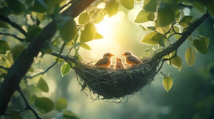 Fototapete - A dynamic photograph of a nest with baby birds chirping, framed by branches and leaves, capturing the lively atmosphere of a natural habitat